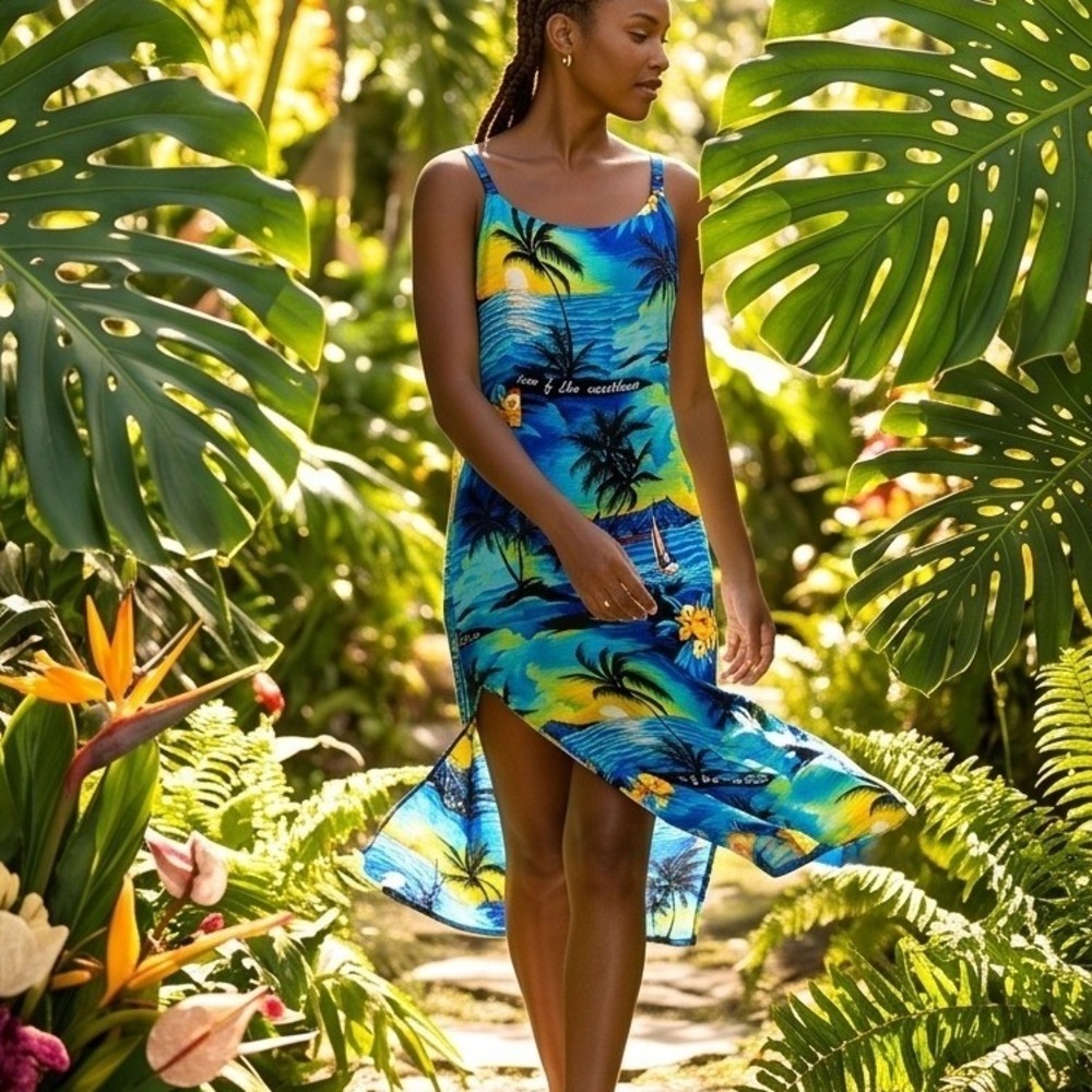 Vintage J. Perkins Jamaica L Tropical Midi Dress Blue Yellow Cotton 80s 90s View 2